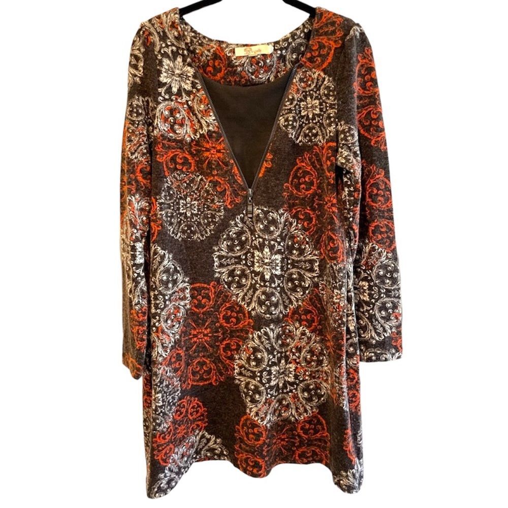 Aryeh Tunic Dress Brown Medallion Print Zip Front Boho Knit Womens Medium